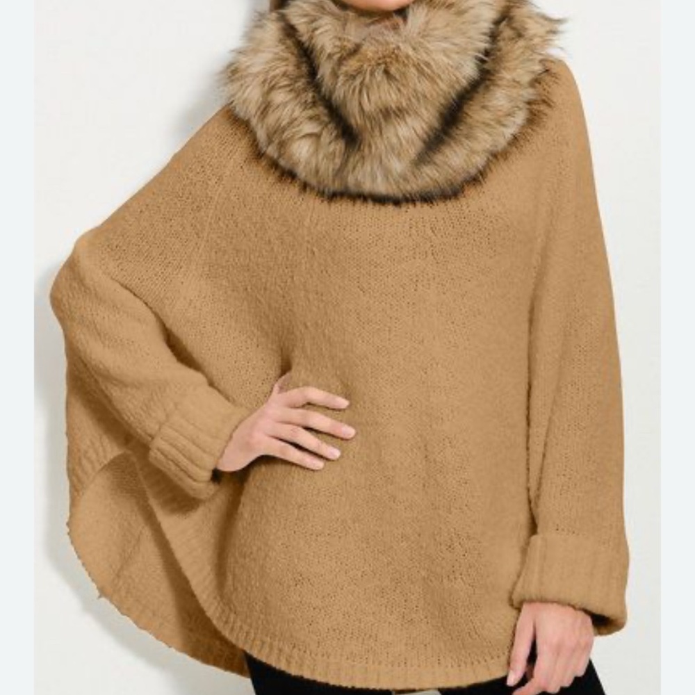 Michael Kors Dark Camel Sweater with Faux Fur Detachable Collar